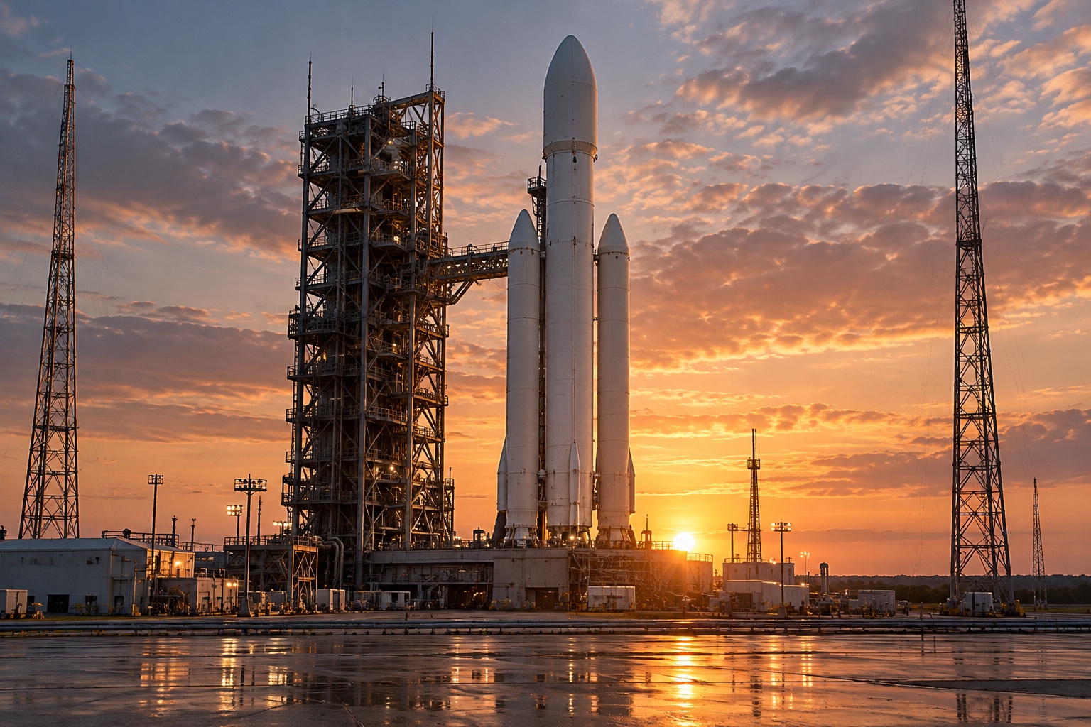 Lanceur spatial sur son pas de tir au coucher du soleil